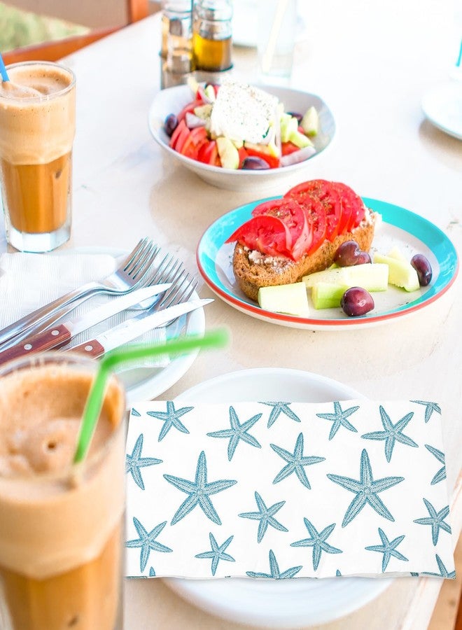 JarThenaAMCS مناديل جارثينا إيه إم سي إس، 100 قطعة، زرقاء اللون، بتصميم نجم البحر، للاستخدام مرة واحدة، مصنوعة من ورق مقوى بنقشة بحرية، مثالية لتزيين طاولات الحفلات. - Image 4